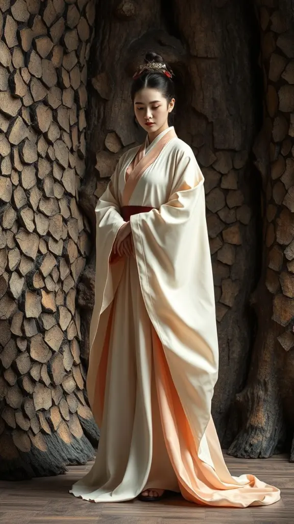 Figure in hanfu by cracked tree bark wall with early warning system.