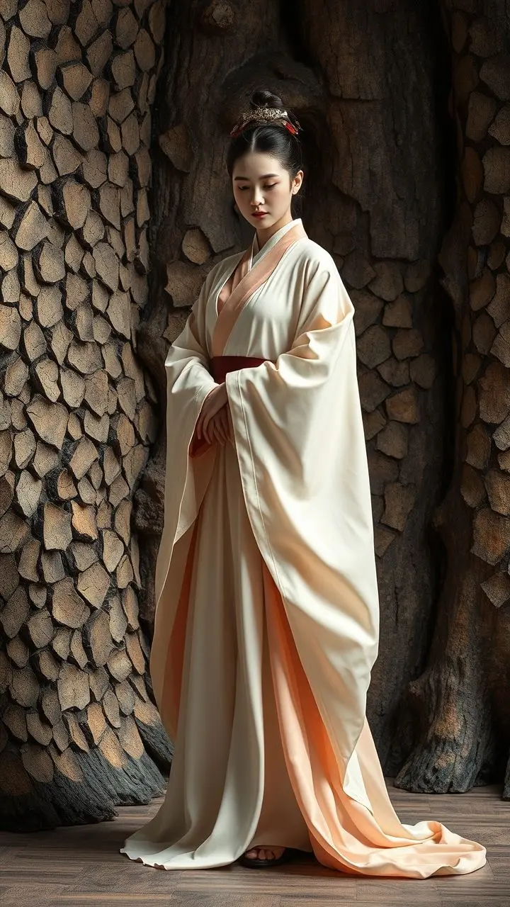 Figure in hanfu by cracked tree bark wall with early warning system.