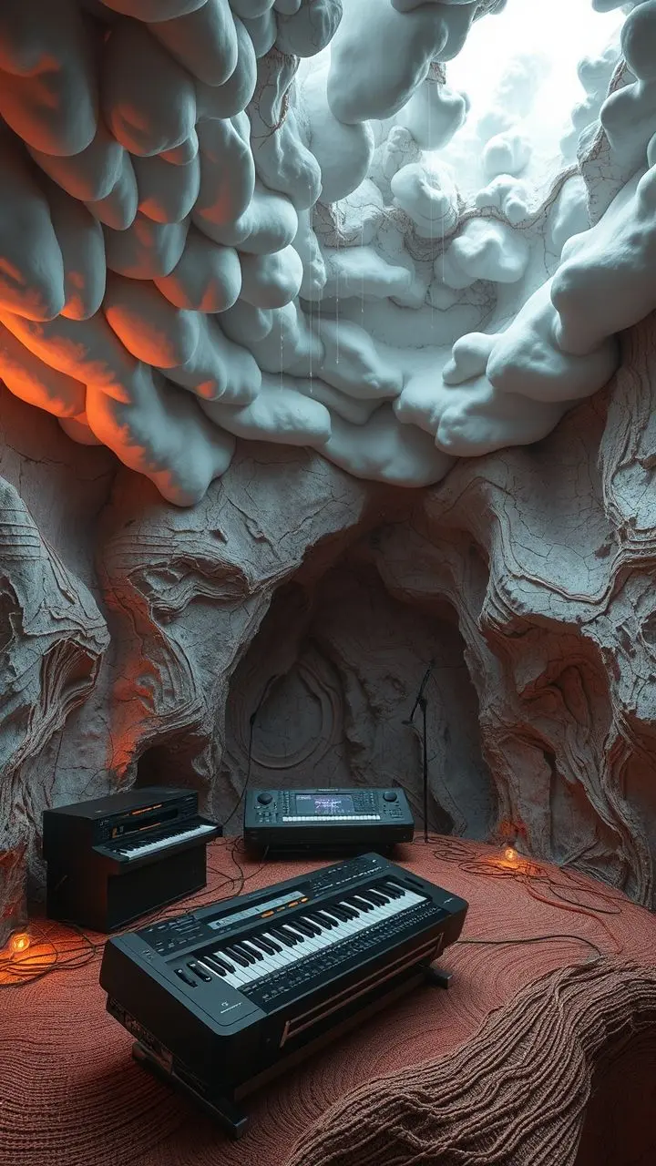 Futuristic room with omnichord, electronic instruments, shifting cloud ceiling showing energy, and textured surfaces with knit patterns.