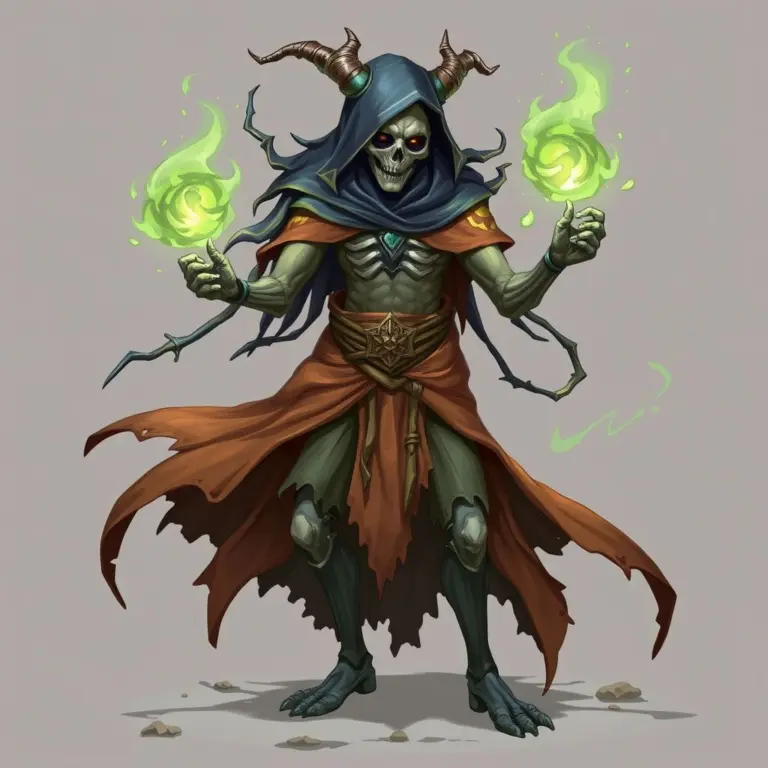 Gemini necromancer casting a spell, surrounded by ethereal wisps.