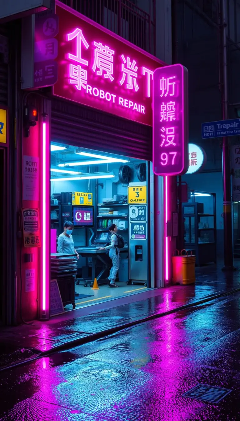 Robot repair shop on a wet city street at night.