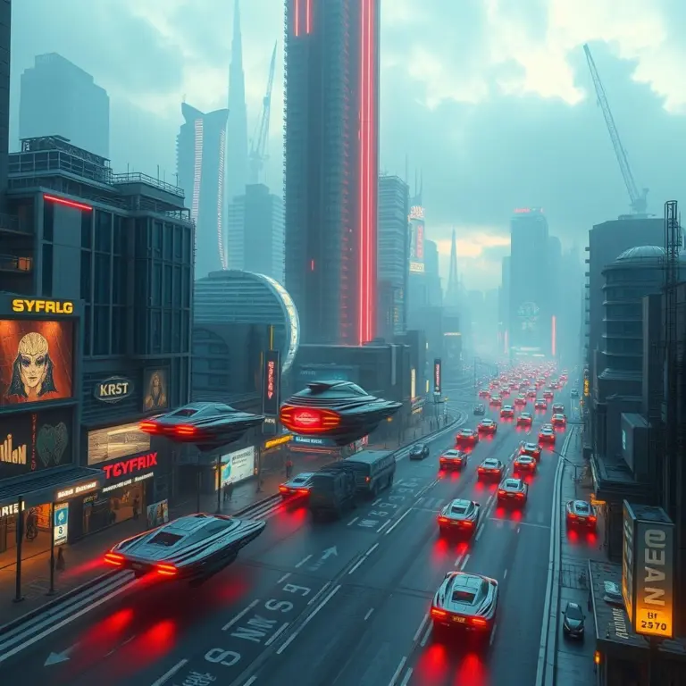 Futuristic city skyline with flying cars and neon lights.