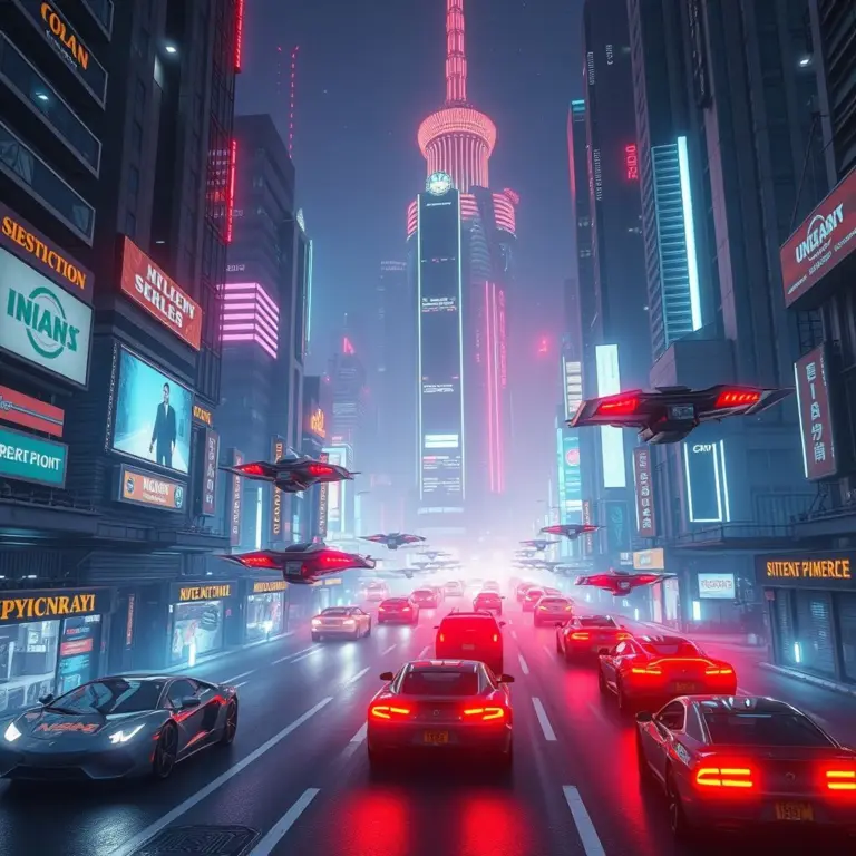 Futuristic city with flying cars and neon lights.