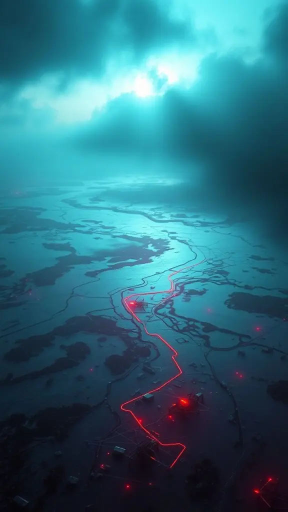 Floodplain in neon mist with flash freeze effect.