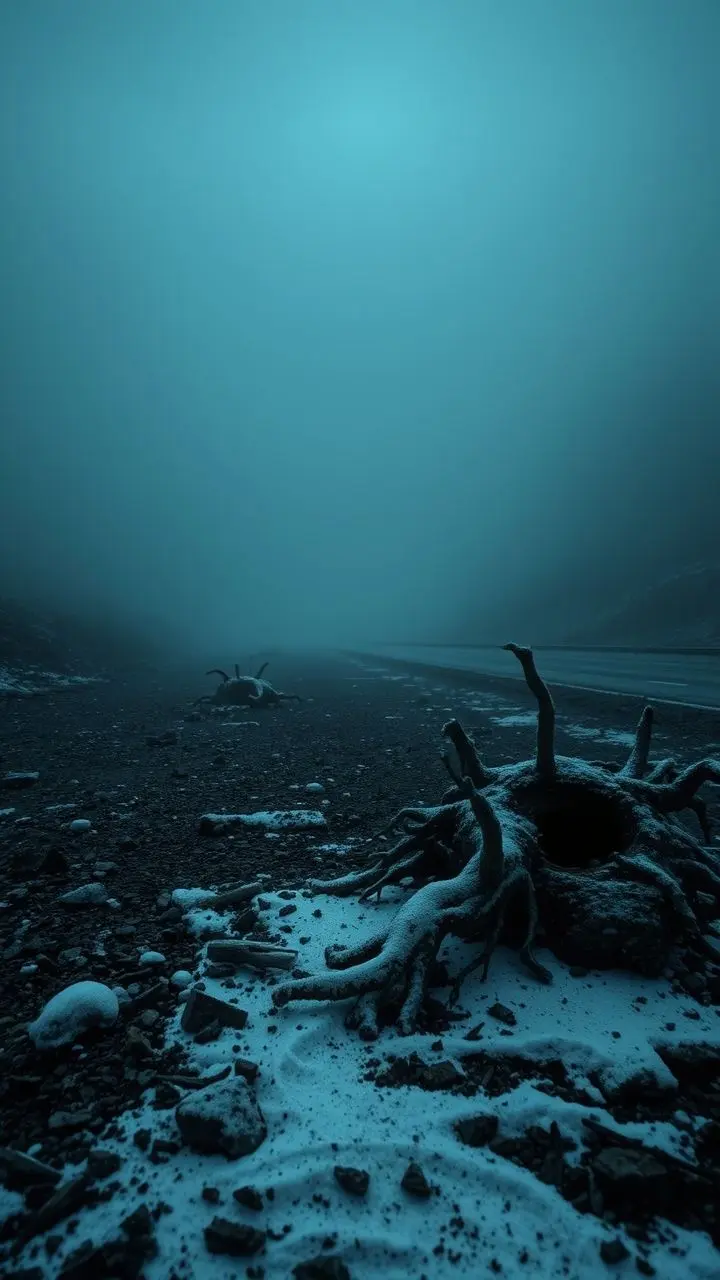 Misty valley with snow, neon highway, and gnarled roots.