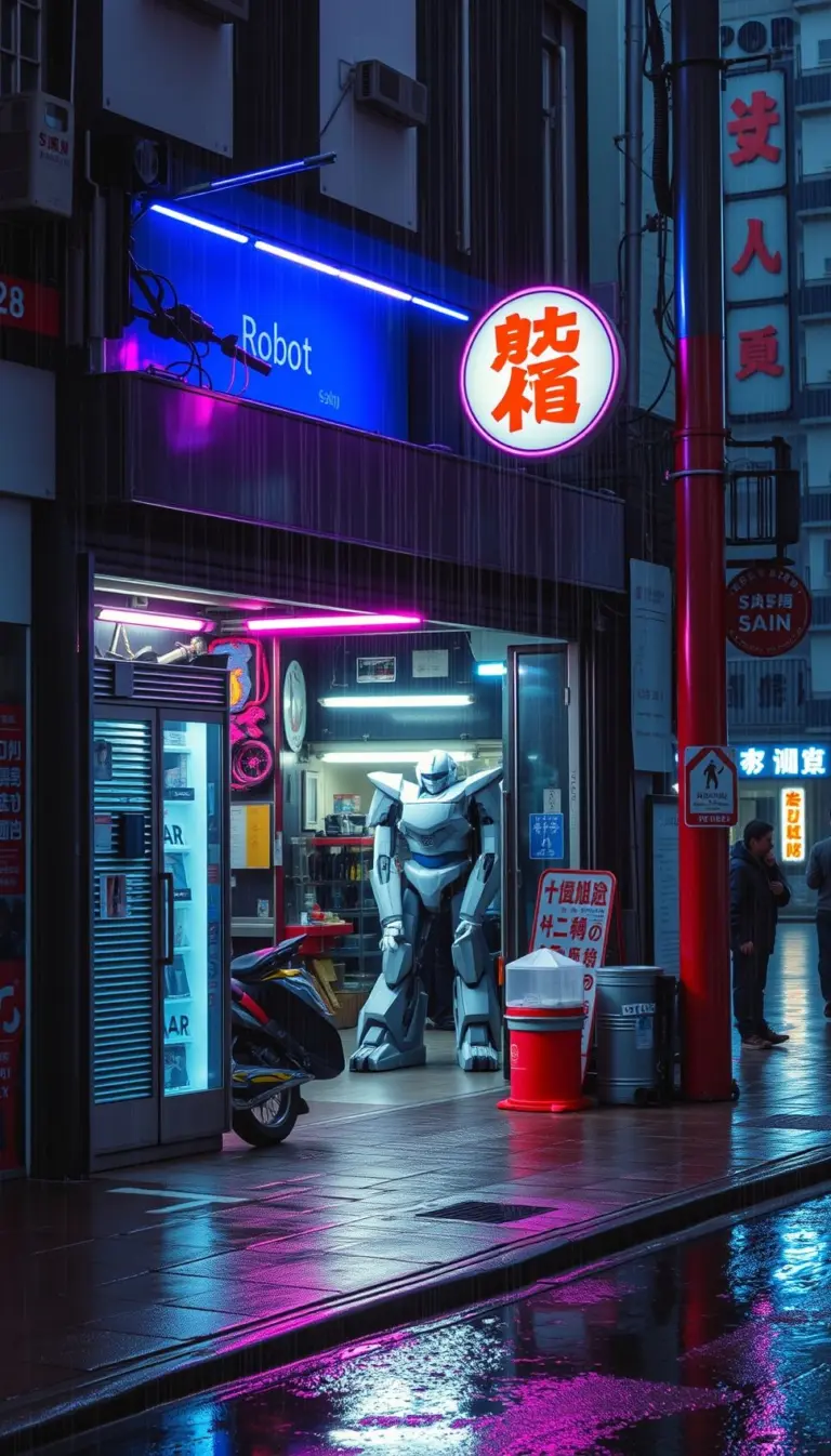 Robot repair shop at night with neon lights.