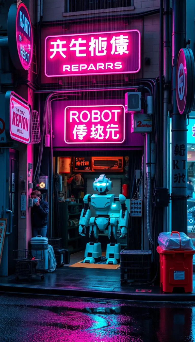 Robot repair shop on a wet city street at night with neon lights.