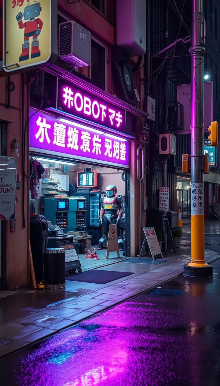 Robot repair shop with neon lights on a rainy street.