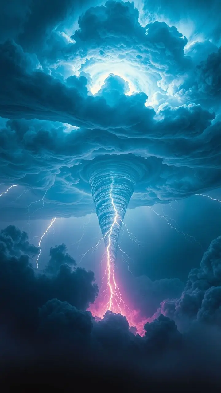 Waterspout and lightning under a shelf cloud with neon dust and 32-bit style.
