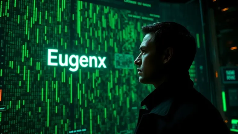 Neo, cyberpunk, digital matrix, Eugenx inscription