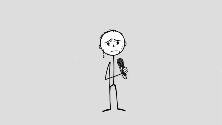 A distressed stick figure with sweat, holding a microphone, in a pixelated MS Paint style.