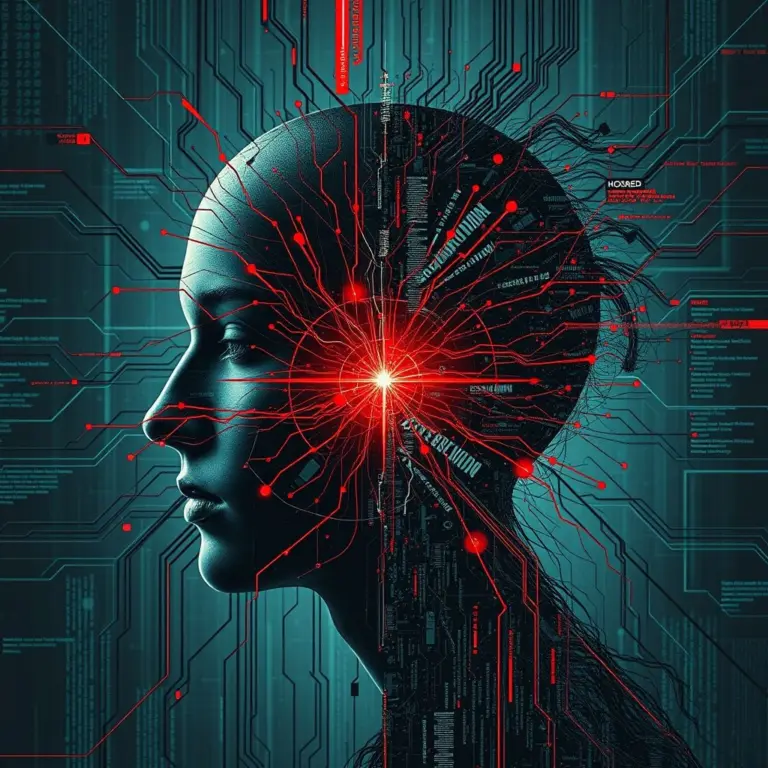 Abstract depiction of a shattered neural network with red alerts.