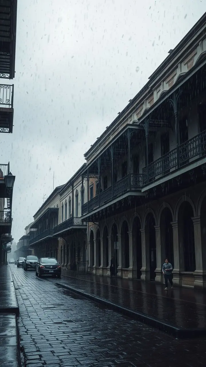 New Orleans French Quarter street during a rainy storm