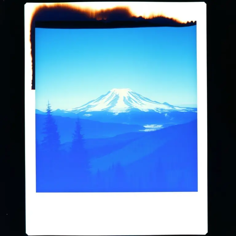Commodore 64 style polaroid of blue 'New World Shadows' at Mount Rainier.
