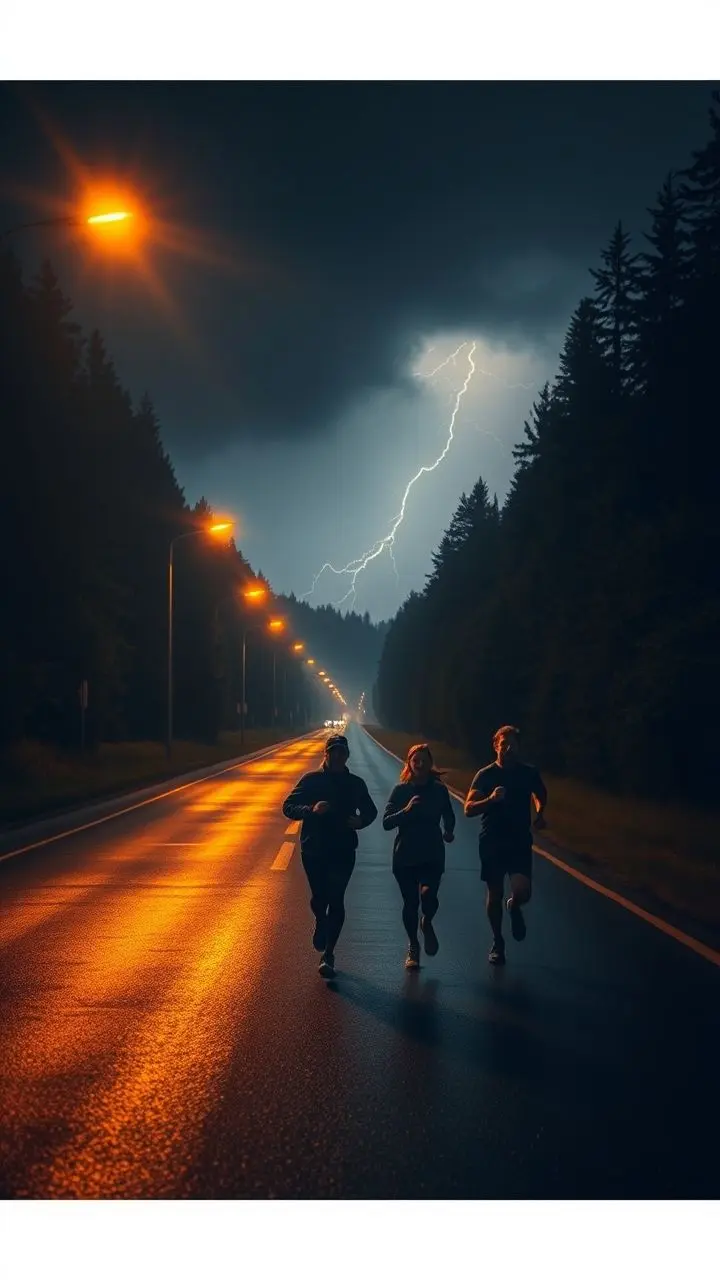 Three people running on a dark, wet road at night during a storm, lit by streetlights and distant lightning.