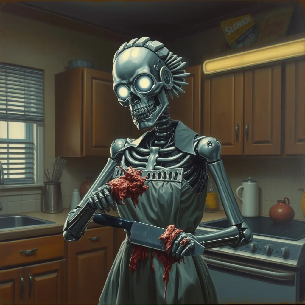 Skeletal robot housewife with shredded flesh and glowing eyes holding a butcher knife in a dark kitchen.