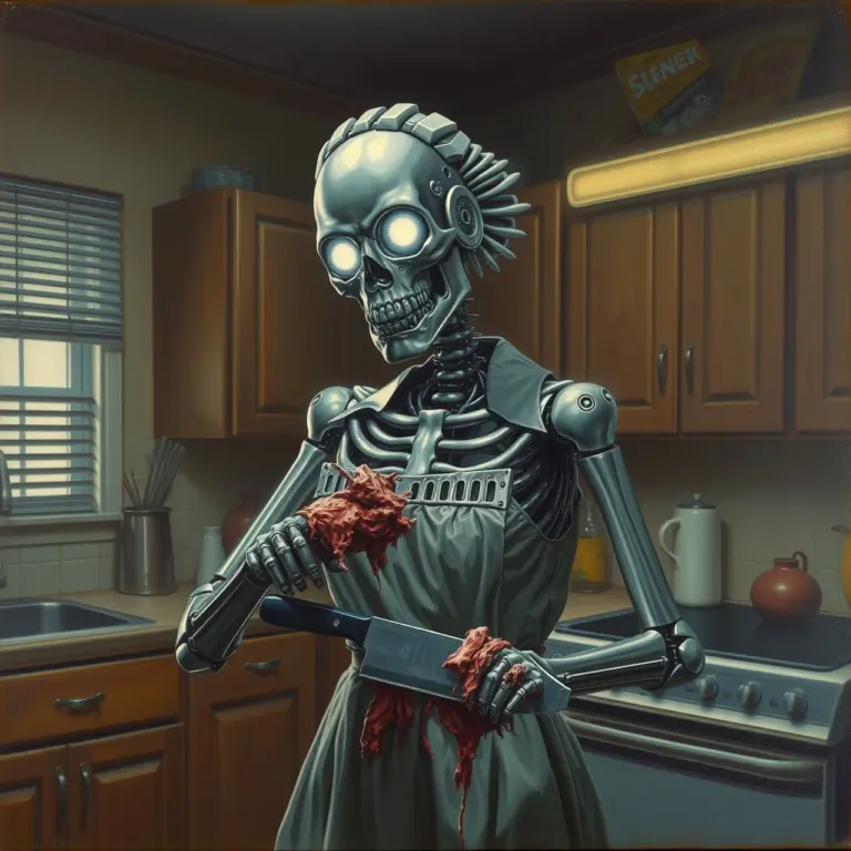Skeletal robot housewife with shredded flesh and glowing eyes holding a butcher knife in a dark kitchen.