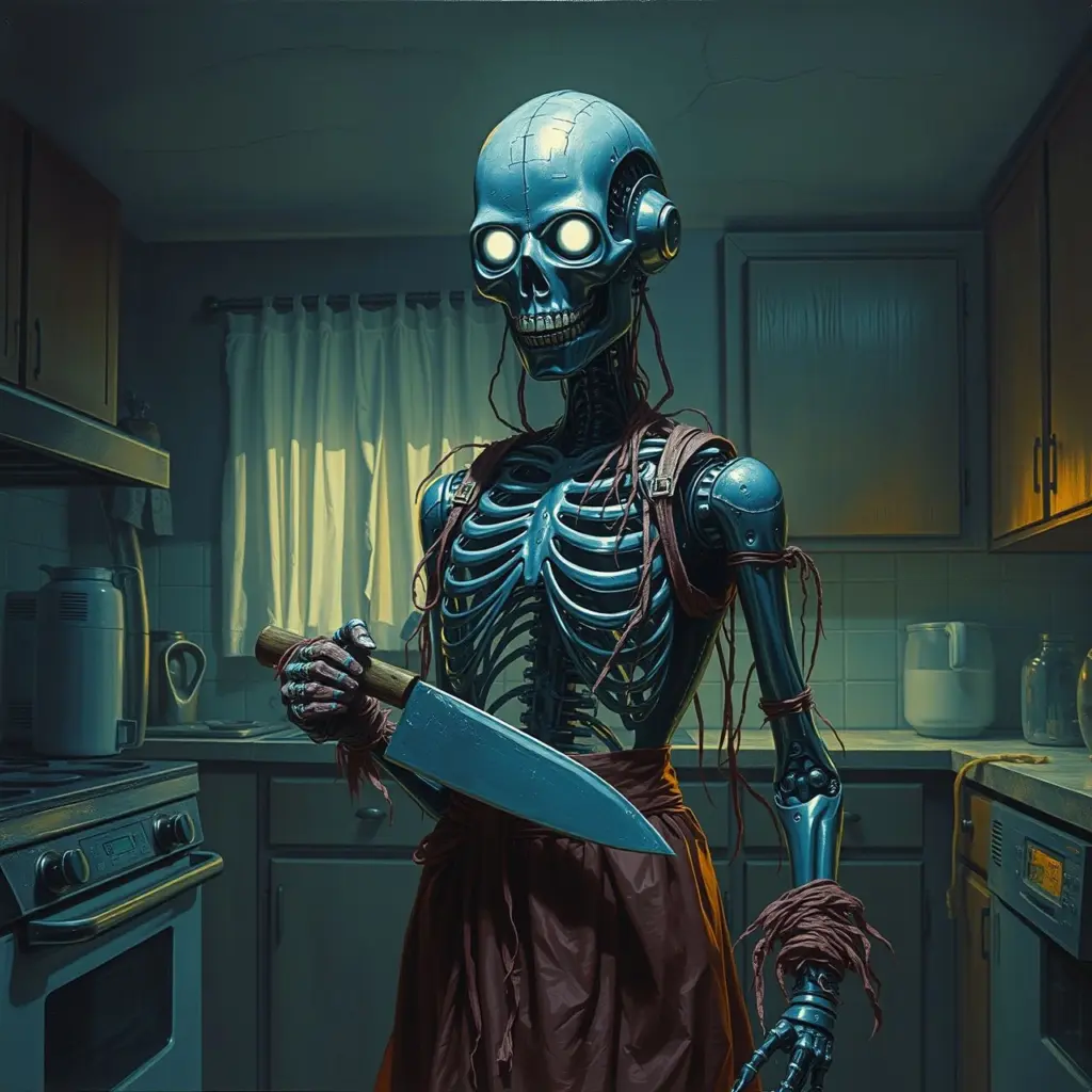 Haunted robot housewife with skeletal frame and glowing eyes holding a knife.