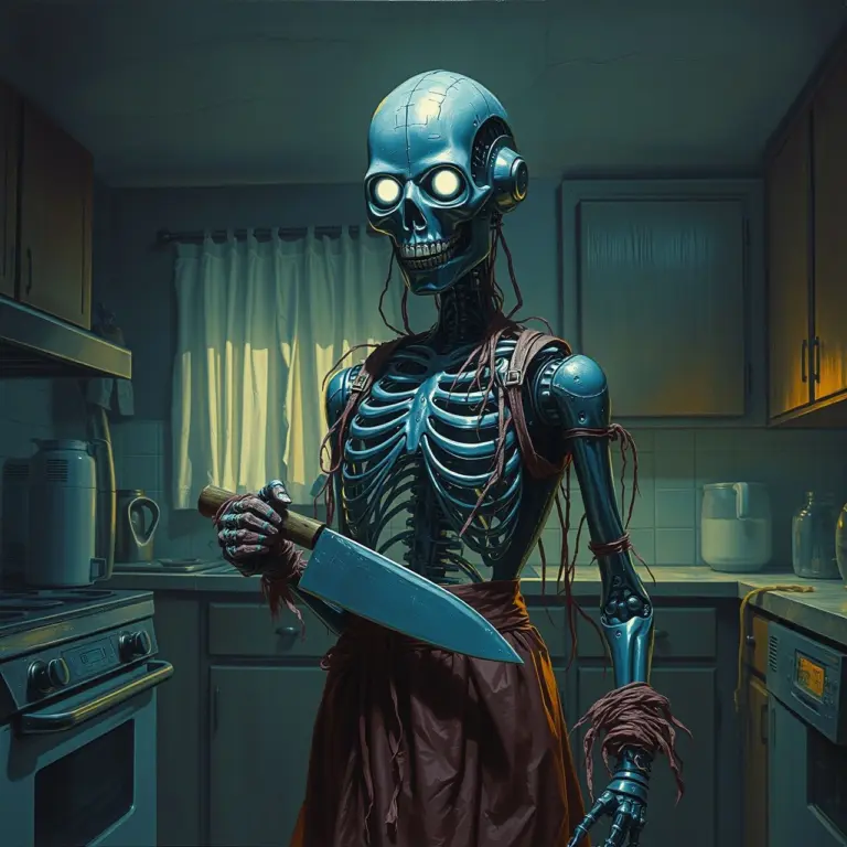 Haunted robot housewife with skeletal frame and glowing eyes holding a knife.