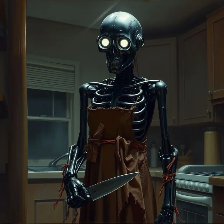 Humanoid robot in housewife dress holding a butcher knife in a dark kitchen.