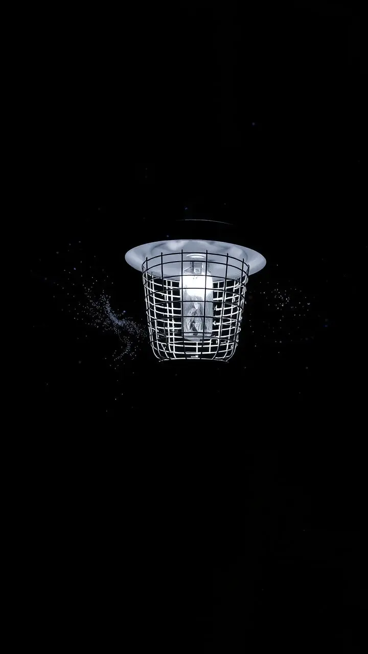 Infrared image of a bug zapper at night with swirling fractal particles.