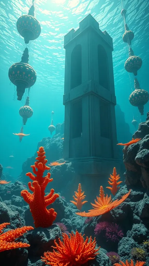 Surreal underwater scene with hydrothermal vents, abstract shapes, and a brutalist structure.