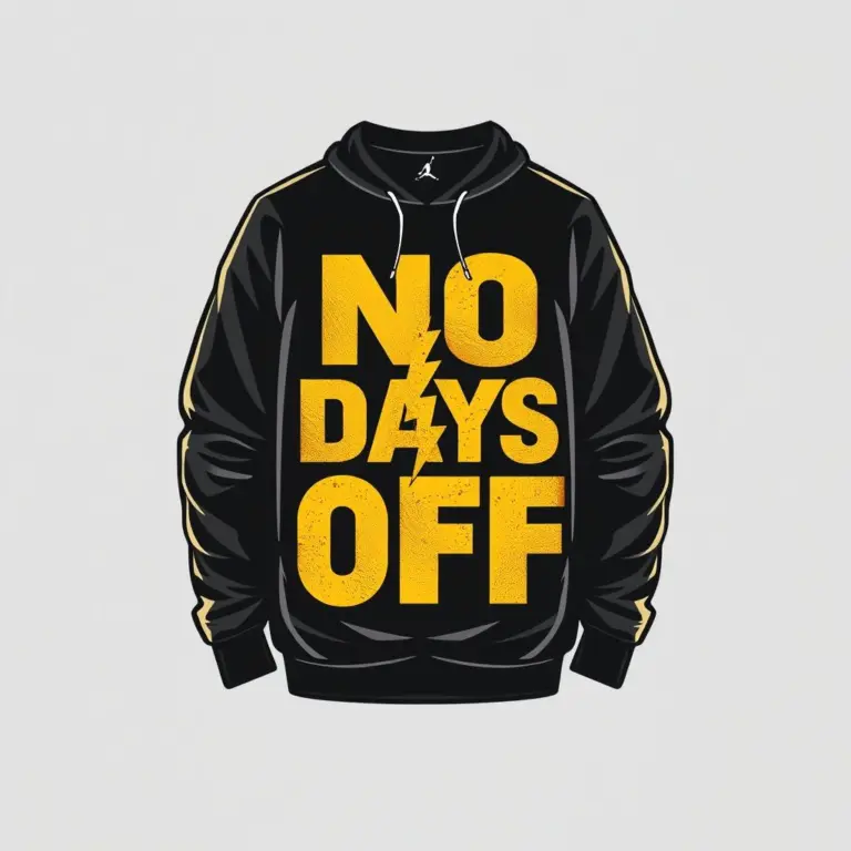 T-shirt design with "NO DAYS OFF" in bold gold and black, lightning bolt icon.