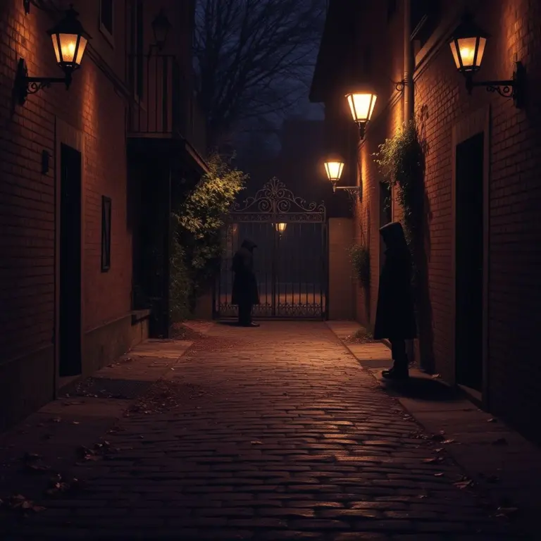 Abandoned alleyway at dusk with vintage street lamps and a shadowy figure.