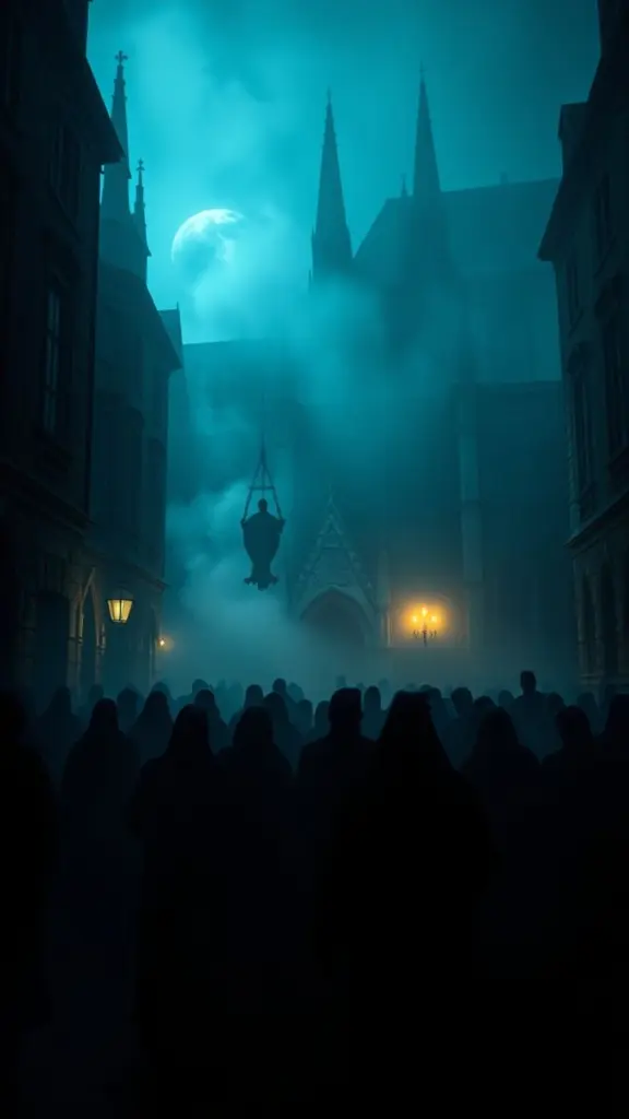 Shadowy figures in a smoky, polluted gothic city at night.