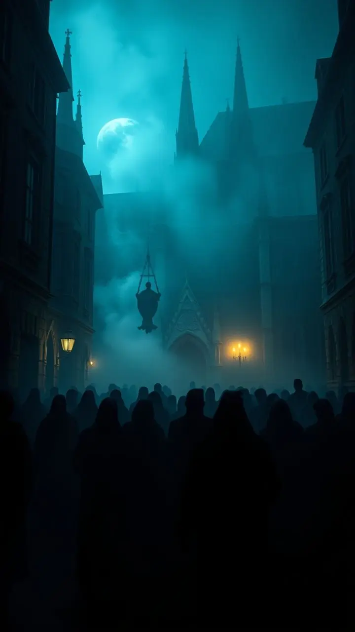 Shadowy figures in a smoky, polluted gothic city at night.
