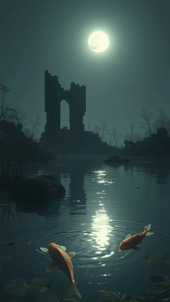 A koi pond at night with fractured architecture in Raygun Gothic style.