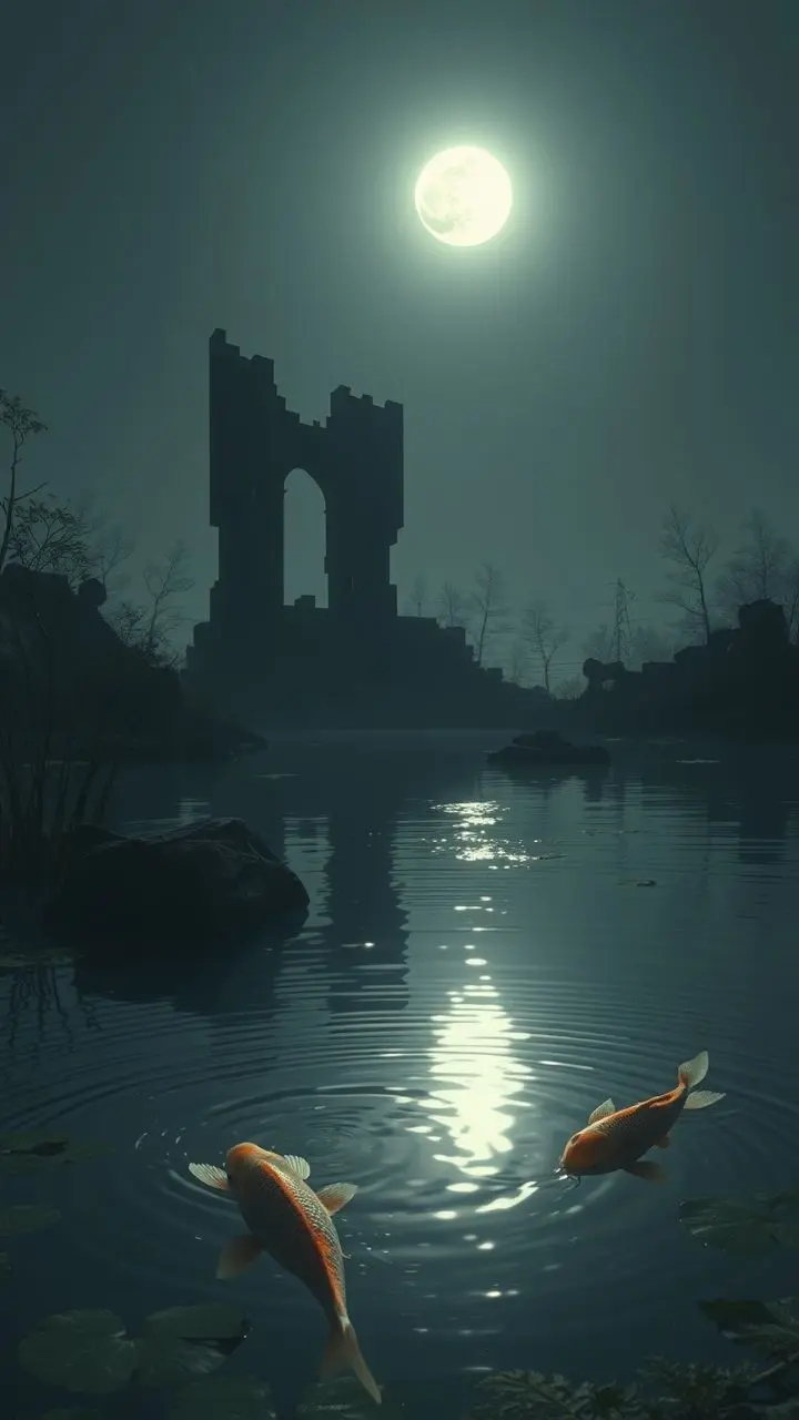 A koi pond at night with fractured architecture in Raygun Gothic style.