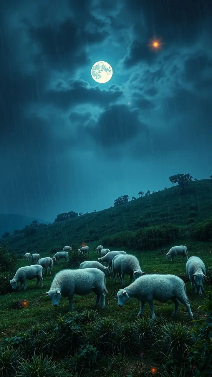 Sheep grazing on a hillside at night with rain and fireflies in vaporwave style.