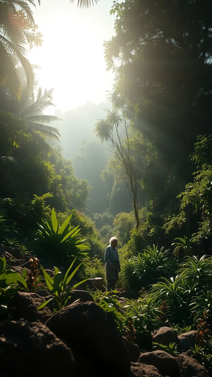 Elderly figure in a distorted rainforest with noon sun halo.