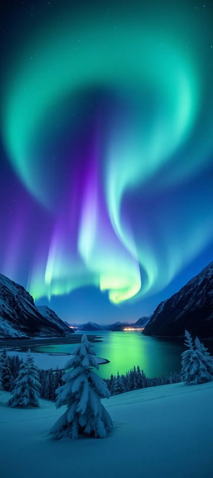 Northern Lights shimmering in the polar night sky over snow-covered Arctic wilderness.