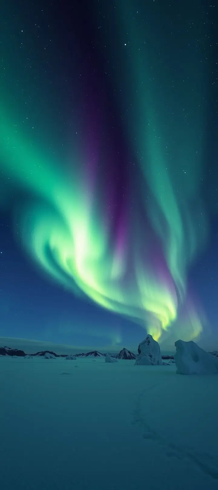 Northern Lights in polar night sky over icy plains and ice formations.