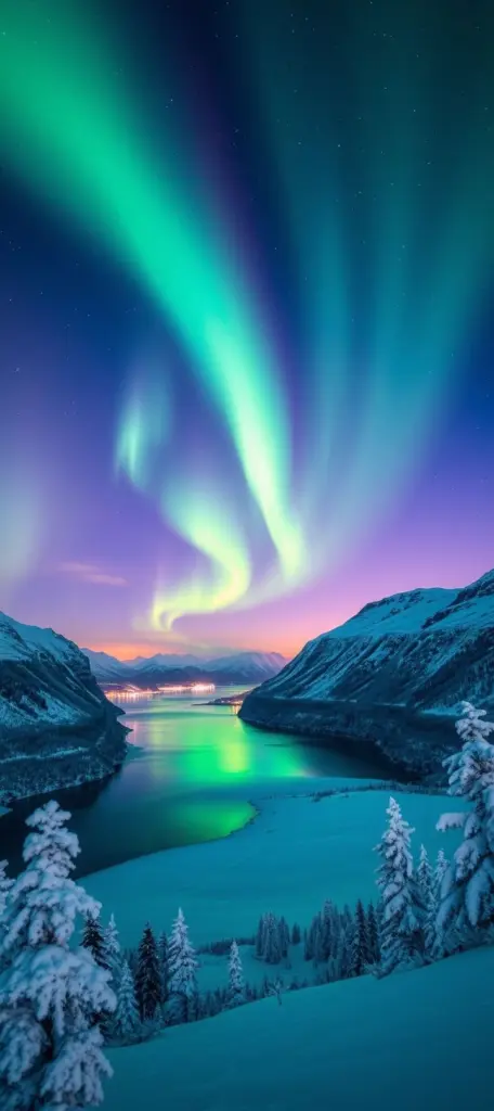 Northern Lights in polar night sky over snow-covered landscape.