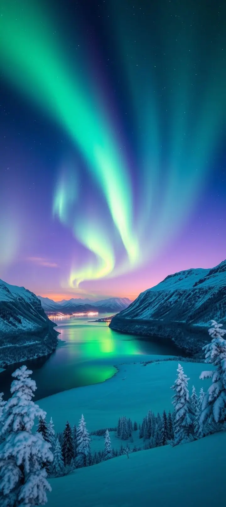 Northern Lights in polar night sky over snow-covered landscape.