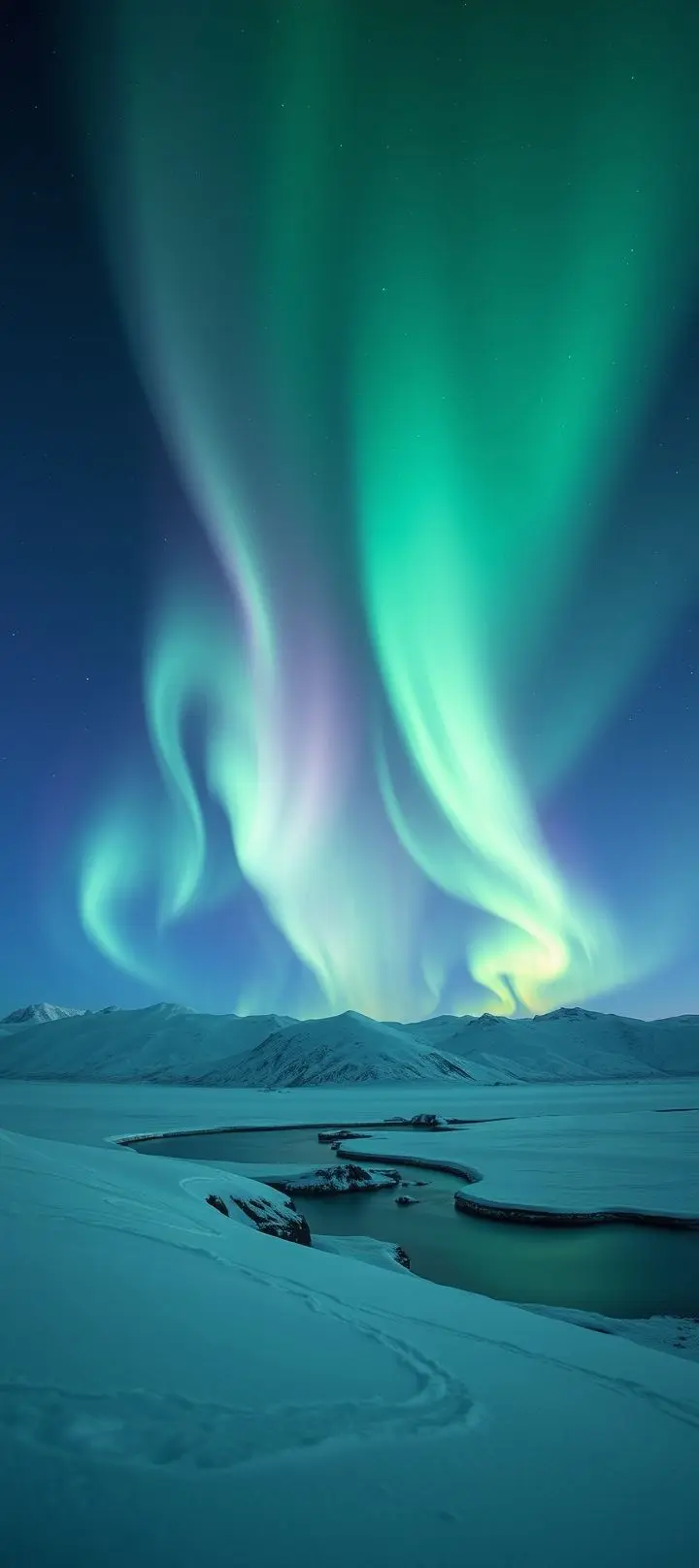 Northern lights aurora borealis in polar night sky over snow.