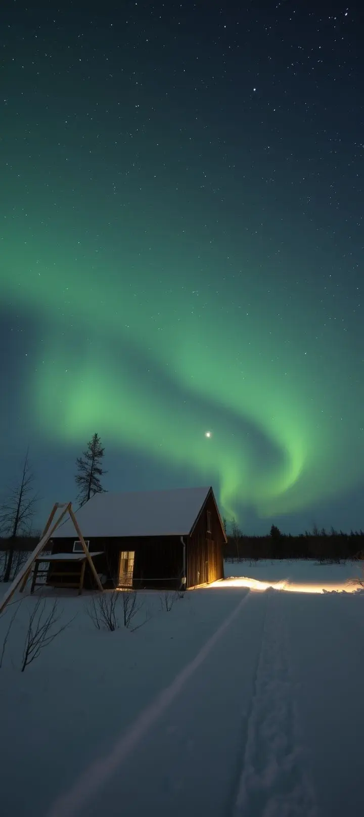 Aurora borealis displays vibrant green and purple hues.