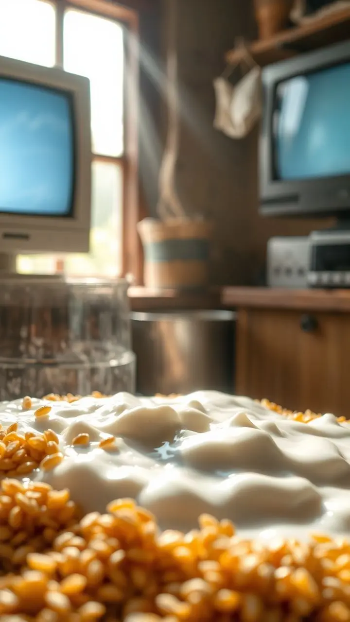 Bubbling yogurt cultures with melting grains, illuminated by light through vintage computer screens.