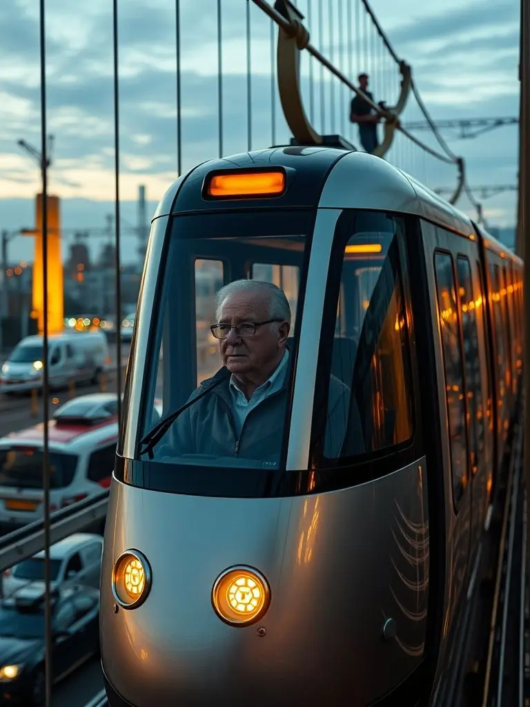 Elderly man on Wuppertal Schwebebahn at dusk.