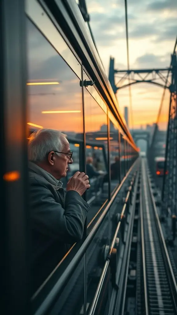 Elderly man on Wuppertal Suspension Railway at dusk.