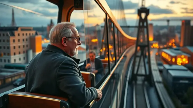 Elderly man on Wuppertal Suspension Railway at dusk.