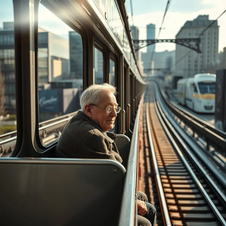 Elderly man on Wuppertal Schwebebahn with city view