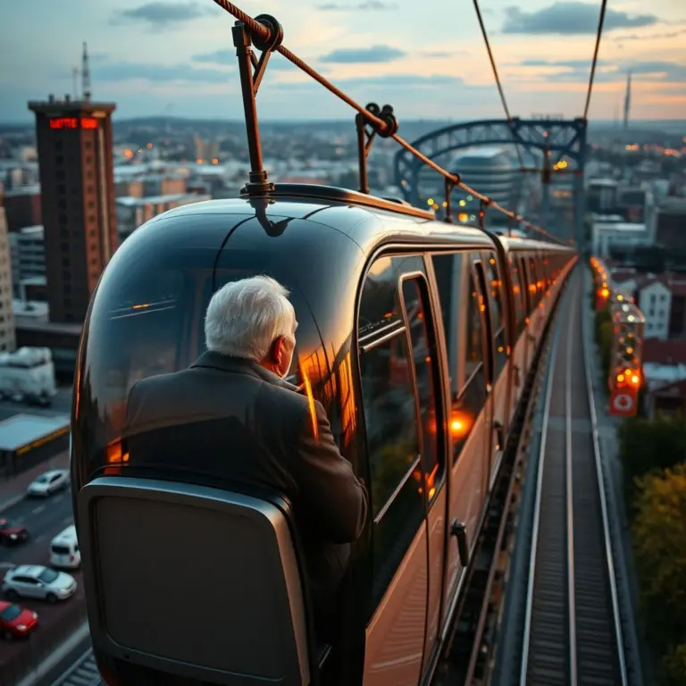 Elderly man on the Wuppertal Schwebebahn at dusk.