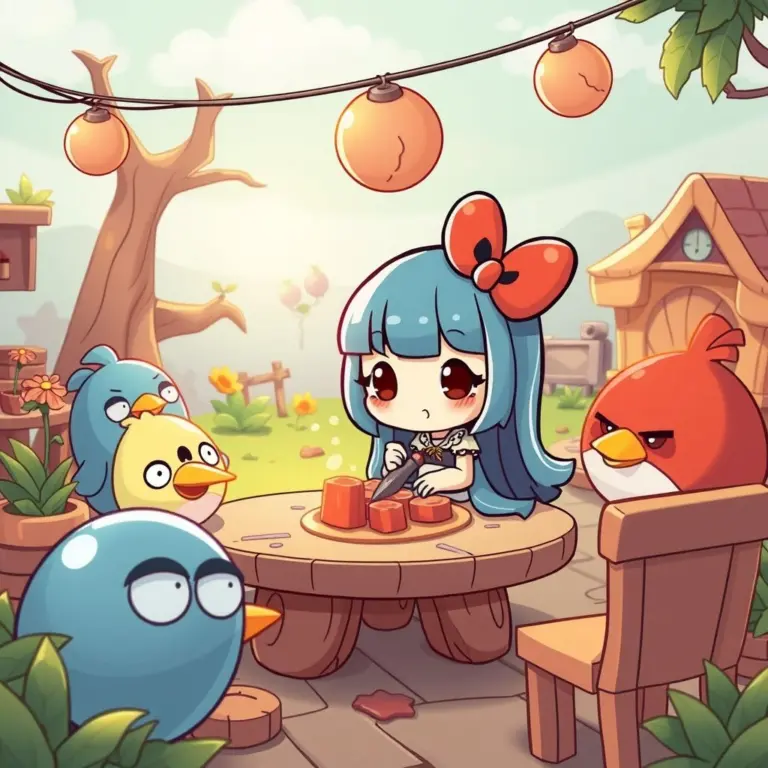 Loli character playing with Angry Birds characters in a retro setting.