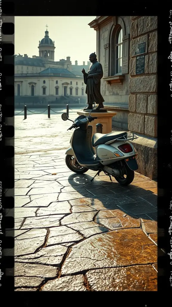 Vintage electric scooter and bishop statue by the sea at low tide.