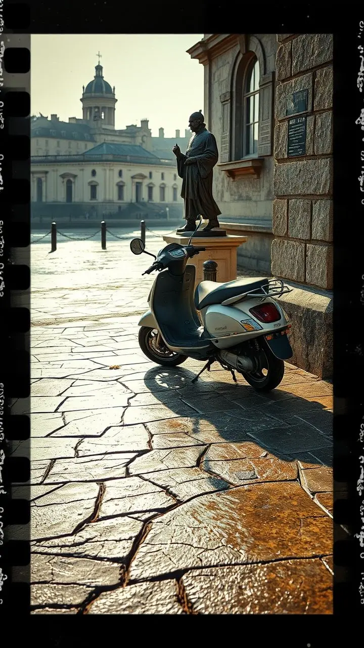 Vintage electric scooter and bishop statue by the sea at low tide.