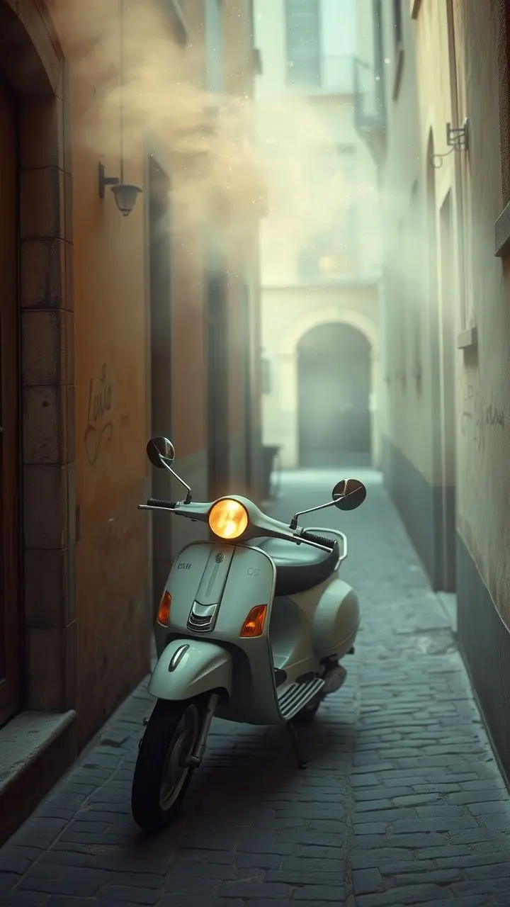 Vintage Vespa in a narrow, cobblestone Italian alley with glowing mist.